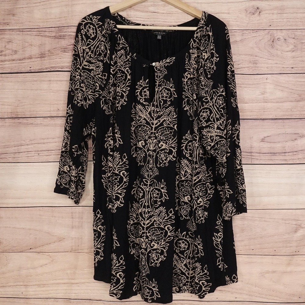 Lucky Brand Blouse Womens 3X 3XL Black Tunicβ Raglan Sleeve Floral Pullover